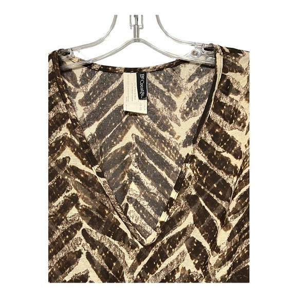 Be Creative Brown Sheer Exotic Print Swimsuit Cover-Up Long Sleeve V-Neck Dress - Picture 3 of 6